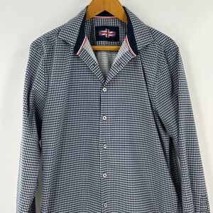Soul of London Mens Gingham Button Down Shirt Navy White Size 16 L Long Sleeve